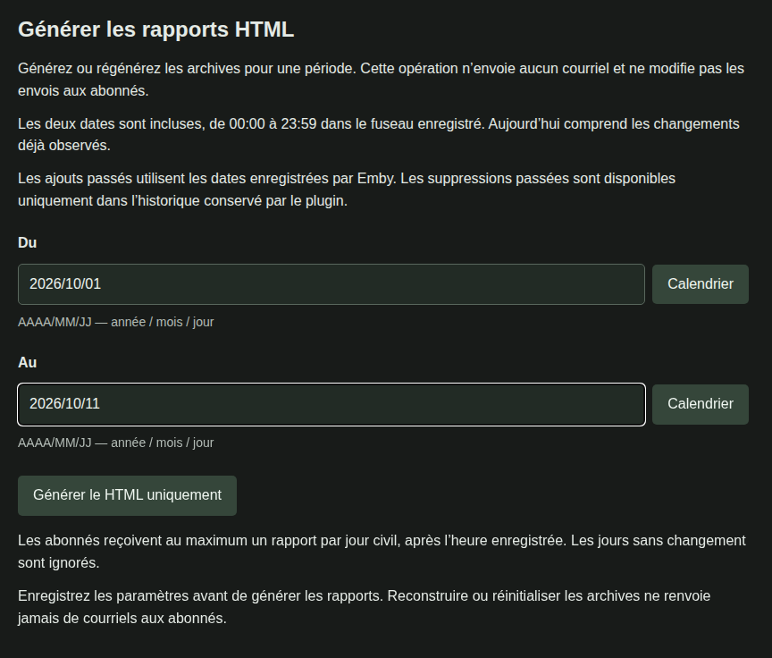 Génération HTML sur une période inclusive et aperçu indépendant.
