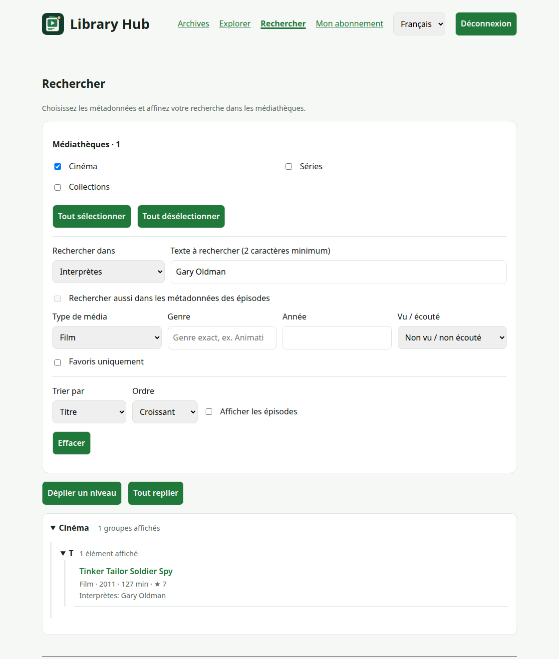 Recherche par interprète montrant le titre trouvé et le nom correspondant.